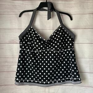 24th & Ocean Black and White Polka Dot Tankini Swimsuit Top Halter Size 18W